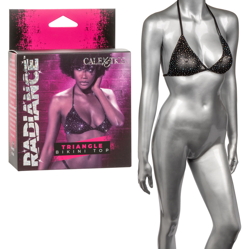A black triangle bikini top with rhinestones and mesh, shown on a mannequin.