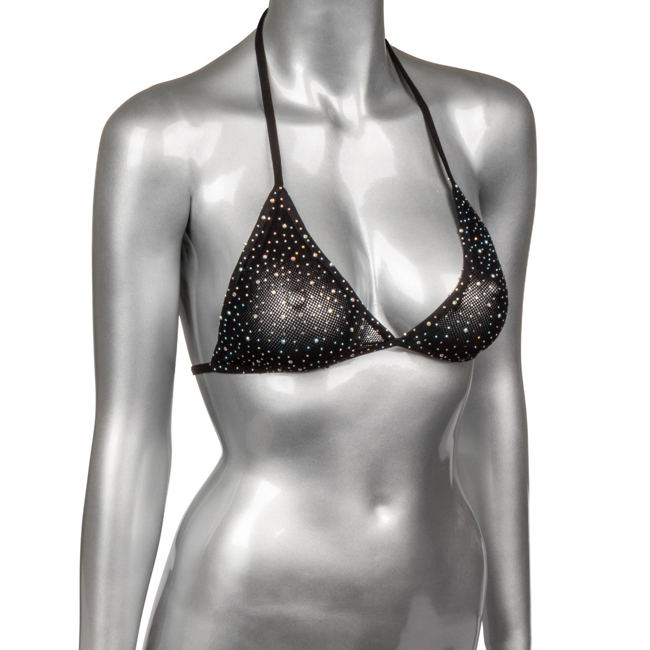 Black triangle bikini top with mesh and rhinestones.
