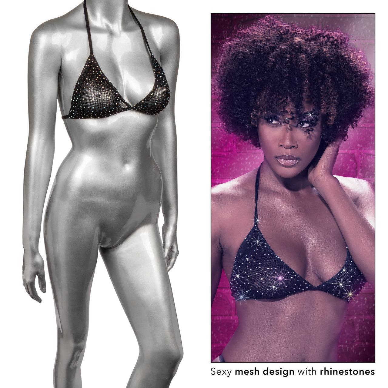 Black mesh triangle bikini top with rhinestones.