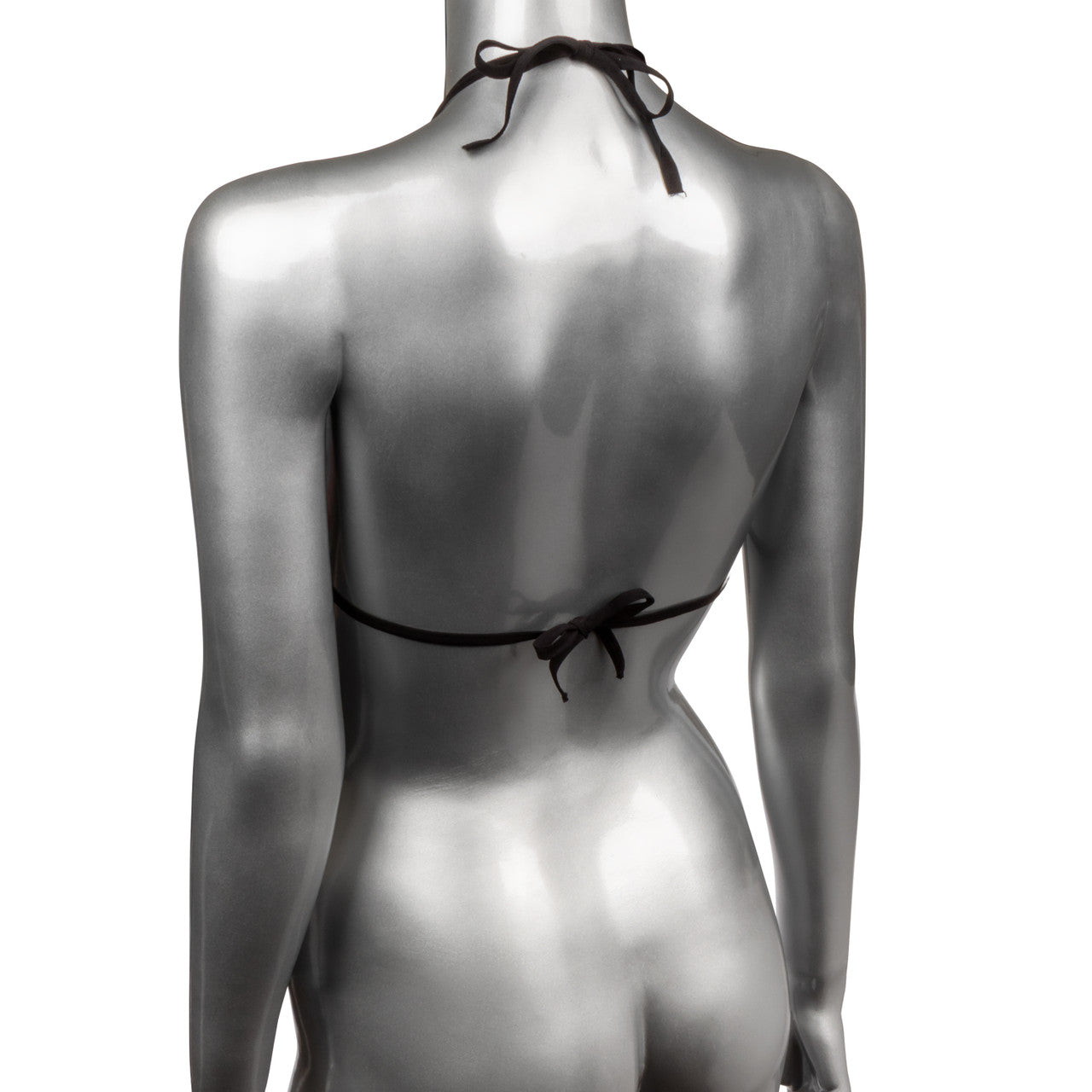 Back view of a silver mannequin wearing a black triangle bikini top with a bow detail.