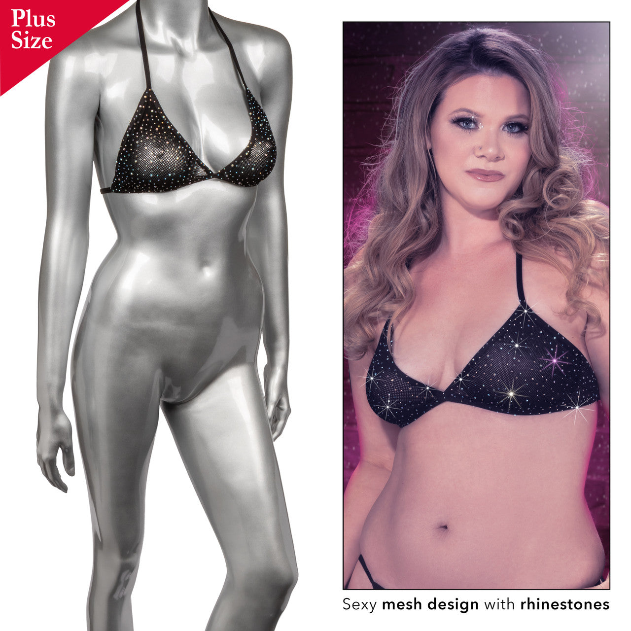 Plus size black mesh triangle bikini top with rhinestones.