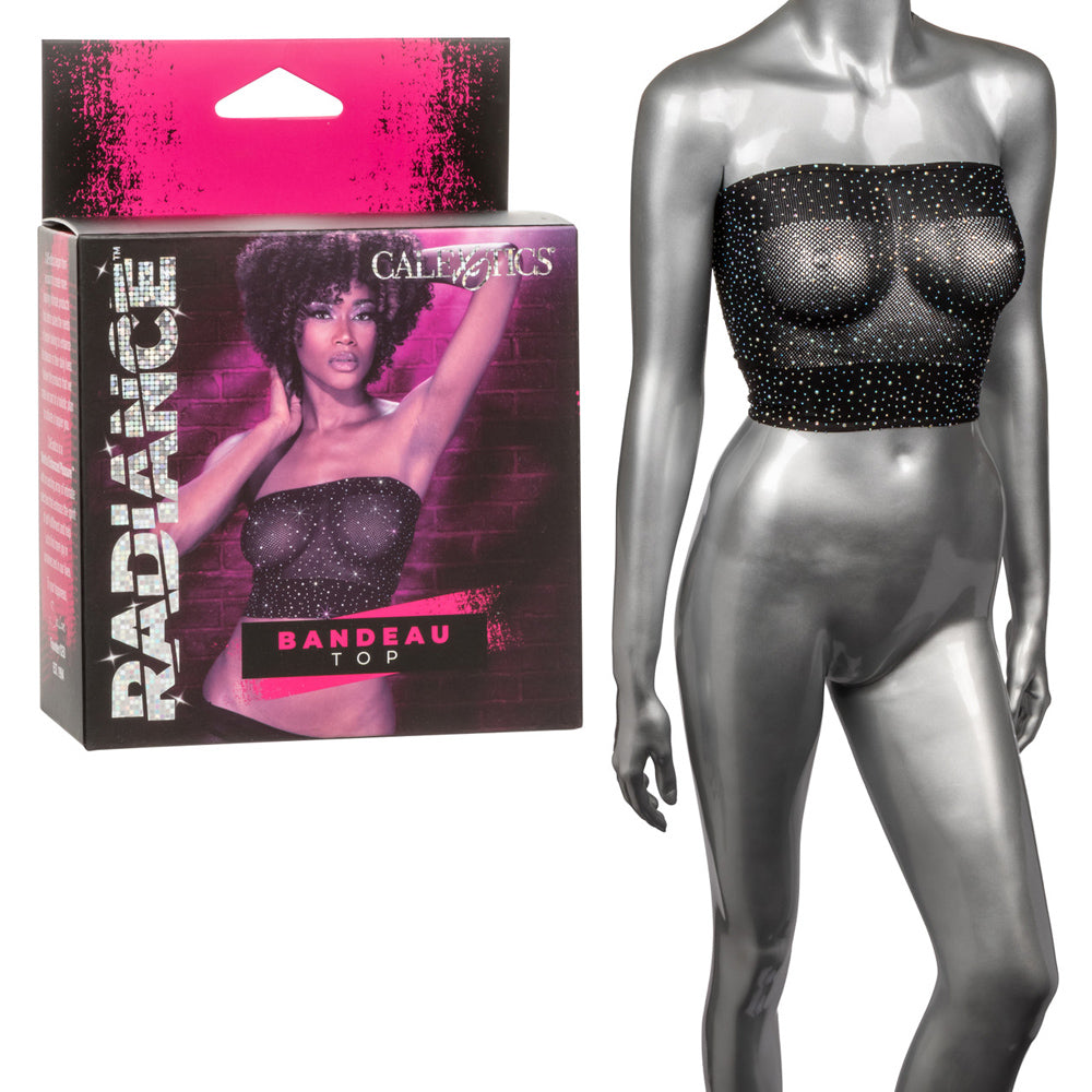 A black mesh bandeau top with rhinestones on a mannequin.