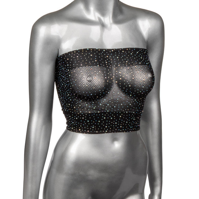 Plus size black mesh bandeau top with allover rhinestones.