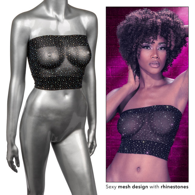 Black mesh bandeau top with scattered rhinestones.