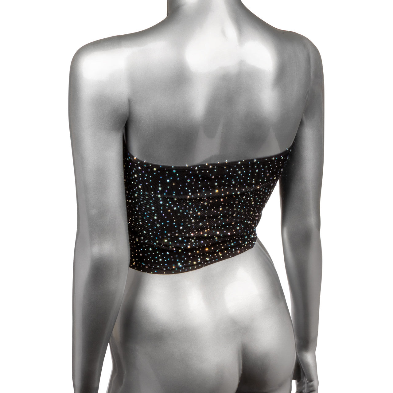 Black bandeau top with allover iridescent rhinestones.