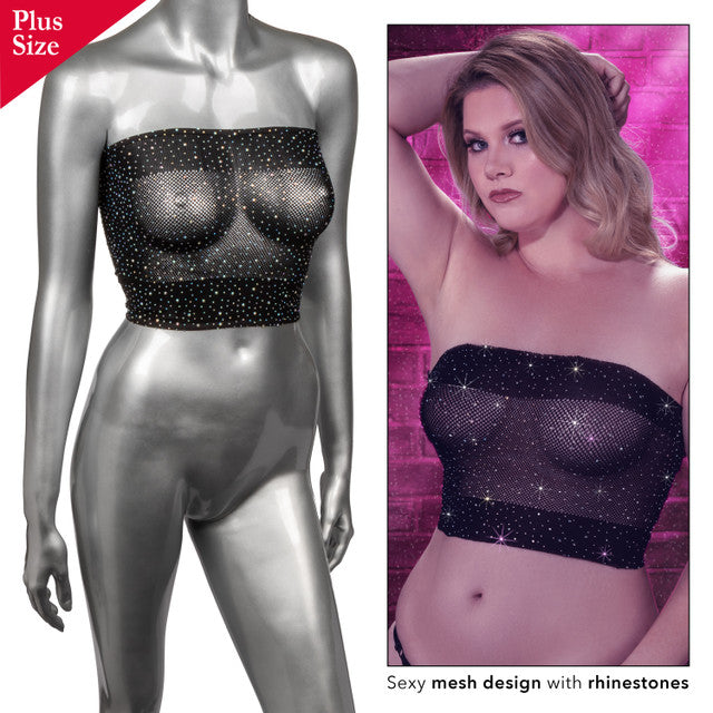 Plus size black mesh bandeau top with rhinestones.