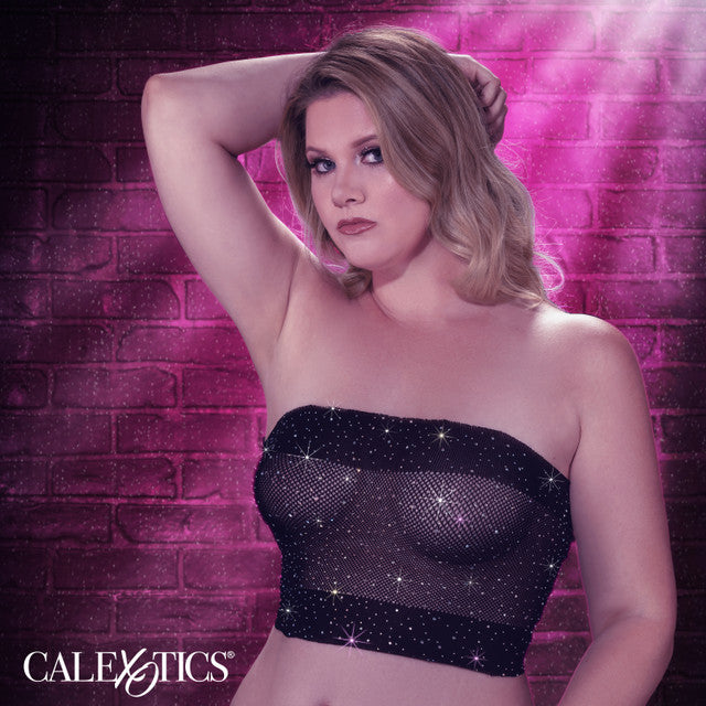 Plus size black mesh bandeau top with rhinestones.