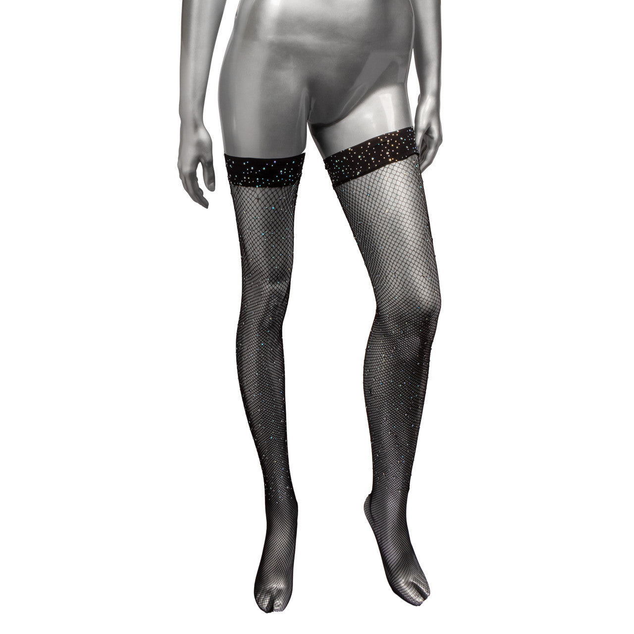Black fishnet thigh-high stockings with rhinestones.