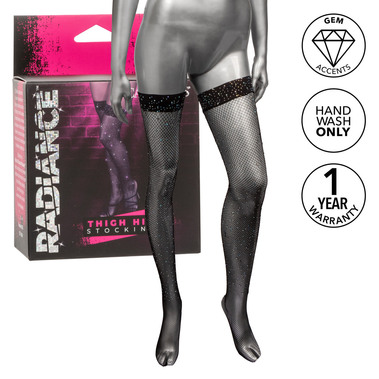 Radiance rhinestone mesh thigh high stockings on a mannequin.