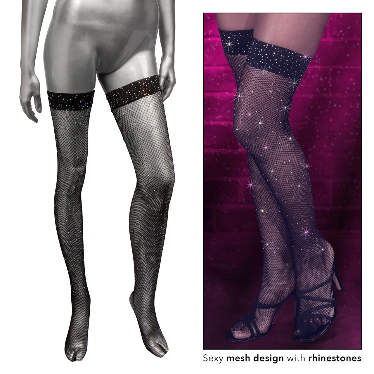 Black fishnet thigh-high stockings with rhinestones.