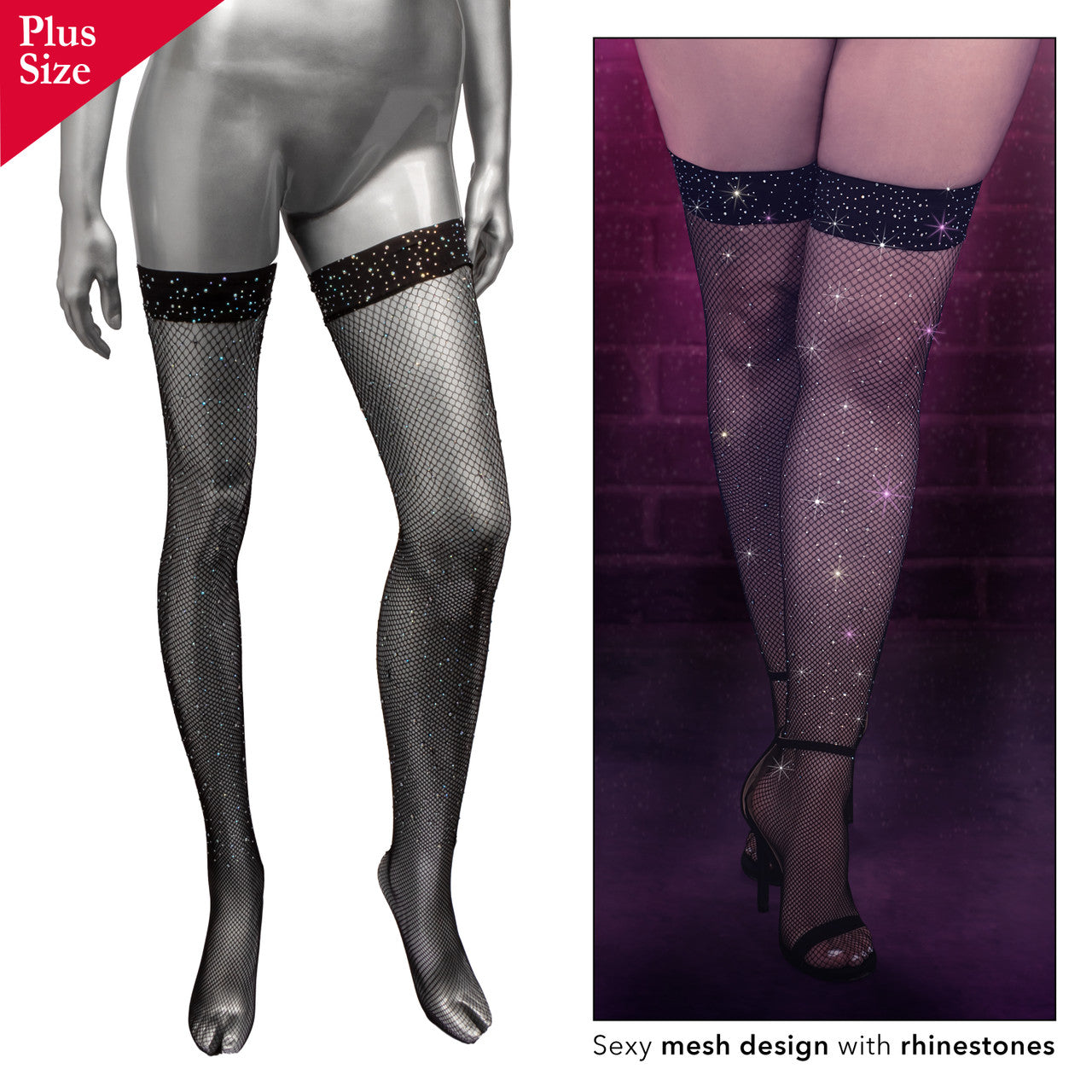 Plus size black fishnet thigh-high stockings with rhinestones.