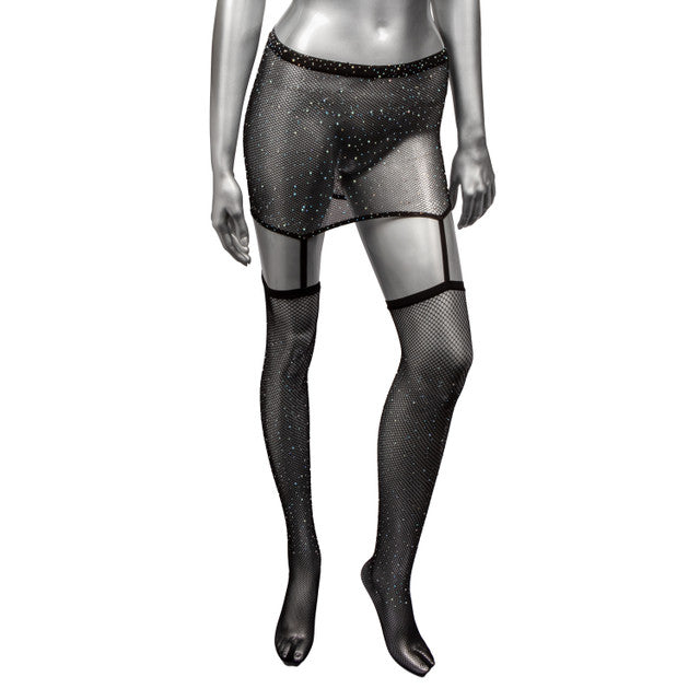 Plus size black mesh garter skirt with rhinestones and attached thigh highs.