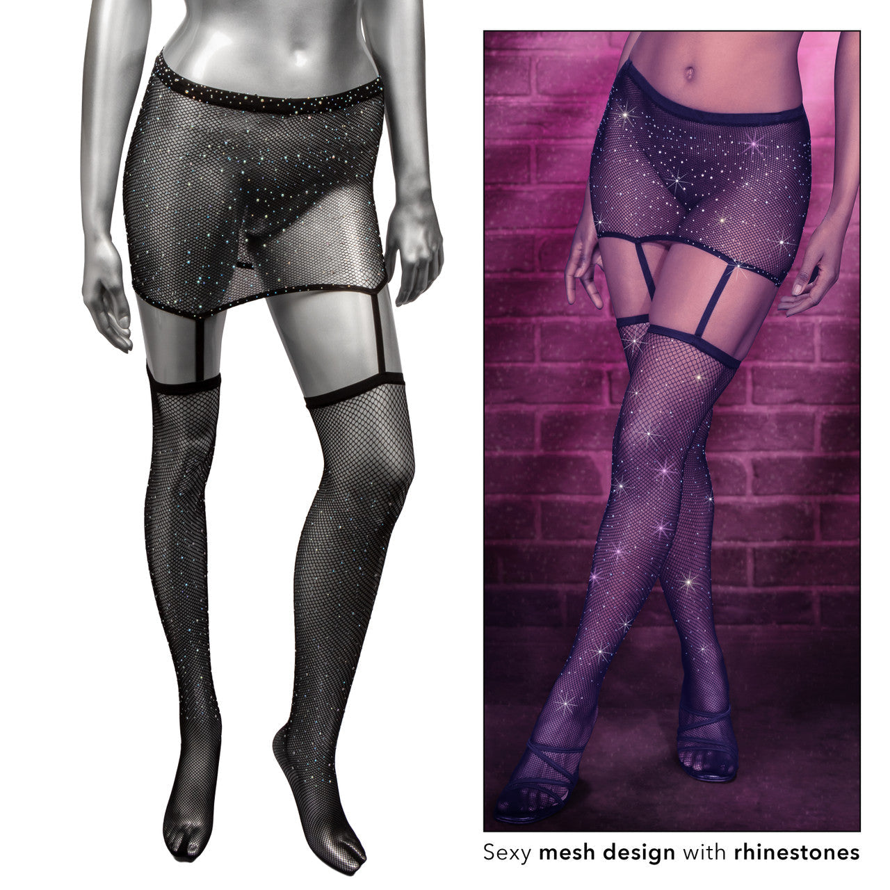 Rhinestone mesh garter skirt with attached thigh-high stockings.