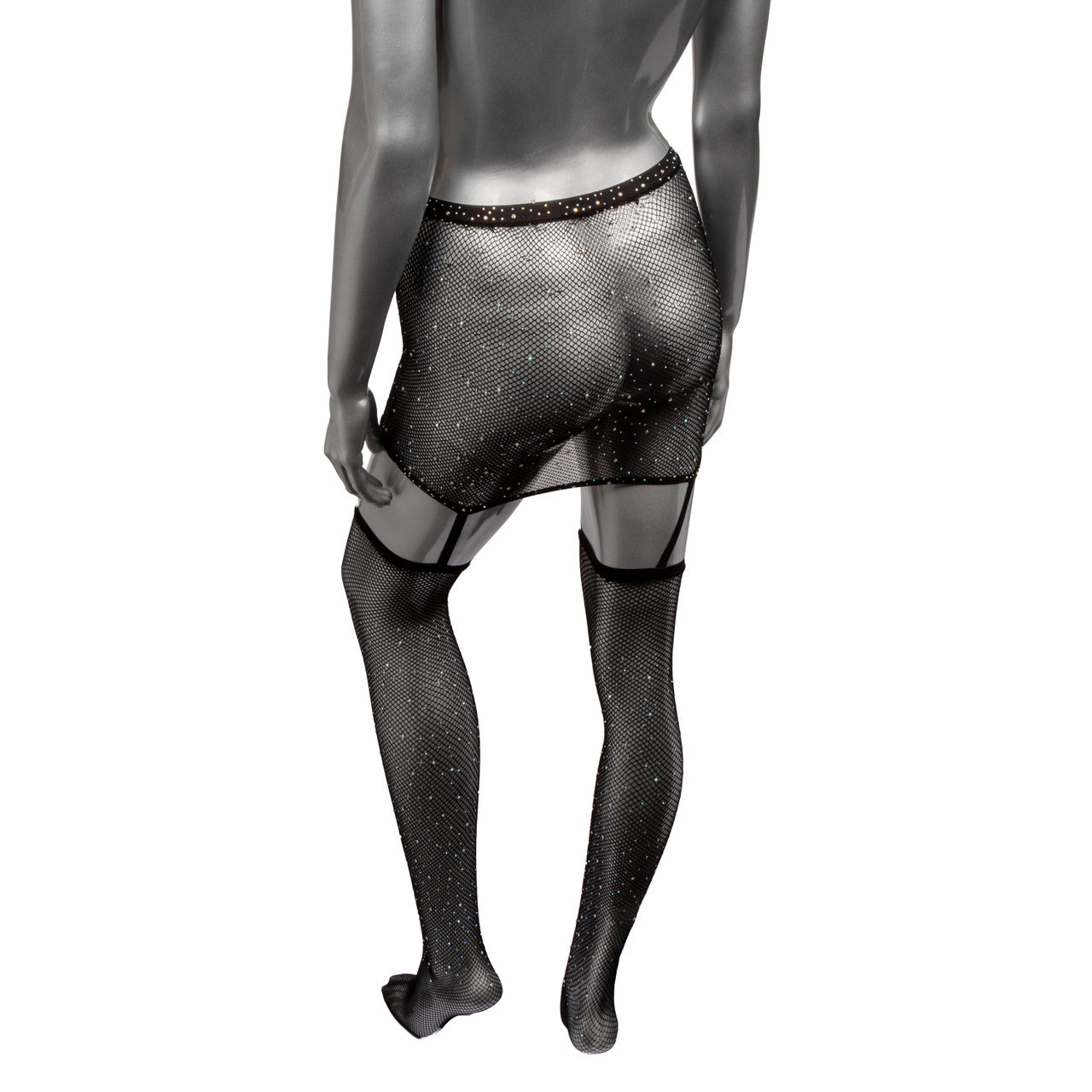 Black rhinestone garter skirt with thigh-high stockings.