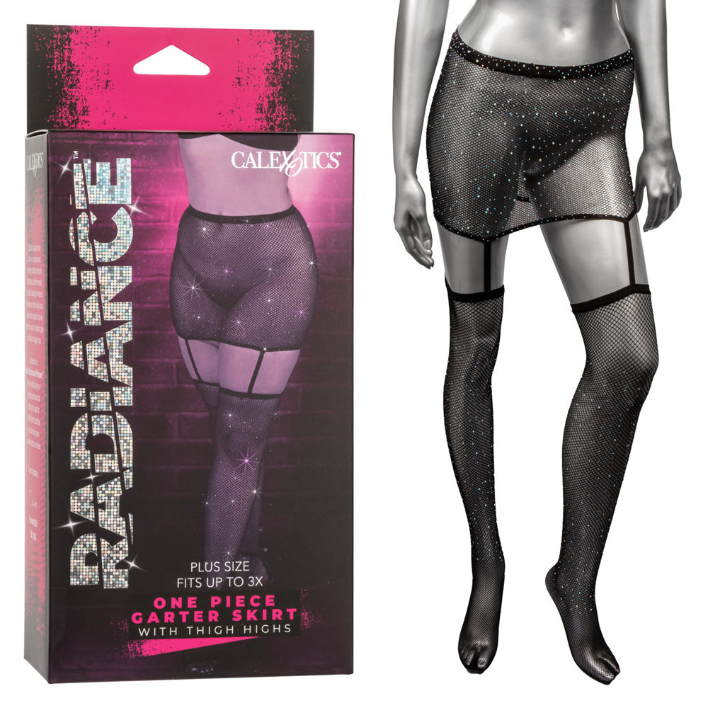 Plus size black mesh garter skirt with attached rhinestone thigh highs.