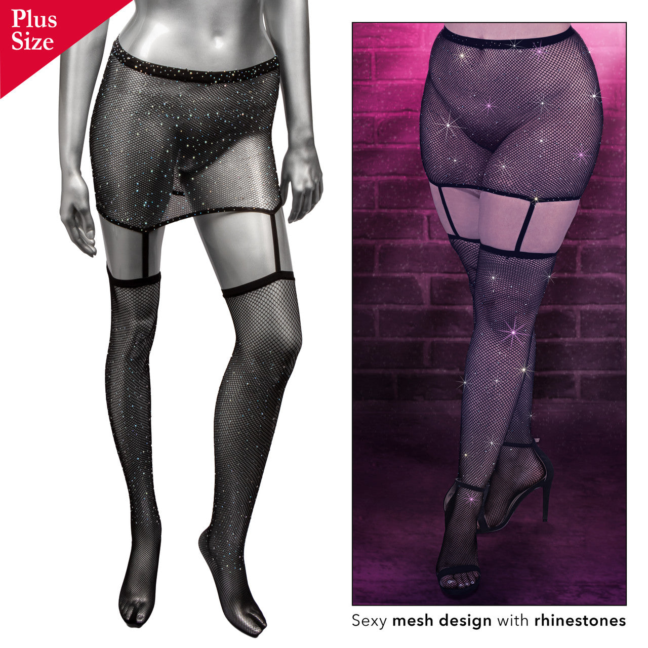 Plus size black mesh garter skirt with rhinestones and matching thigh highs.