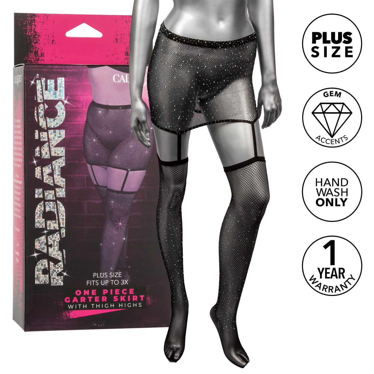 Plus size black mesh garter skirt with thigh highs and rhinestone accents.