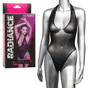 Black mesh bodysuit with deep V neckline and rhinestones.