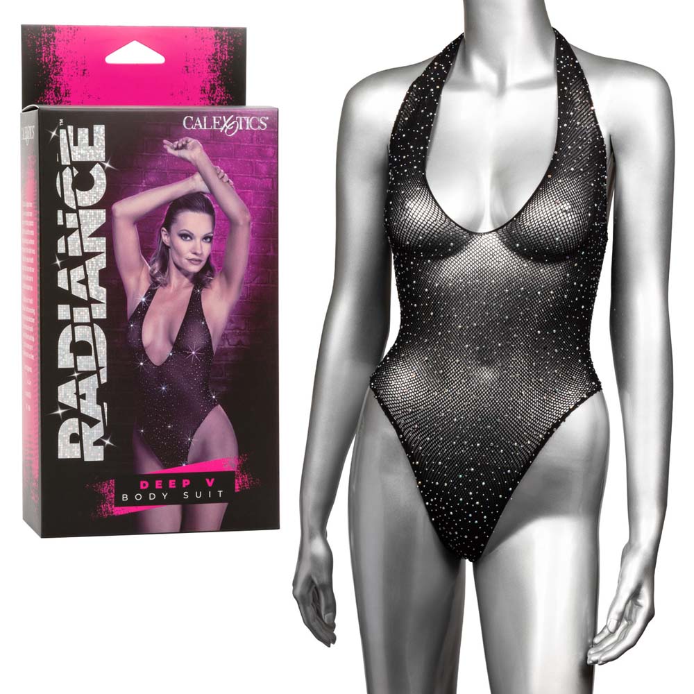 Black mesh bodysuit with deep V neckline and rhinestones.