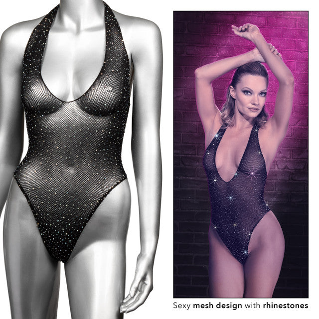 Black mesh bodysuit with deep V-neck and scattered rhinestones.
