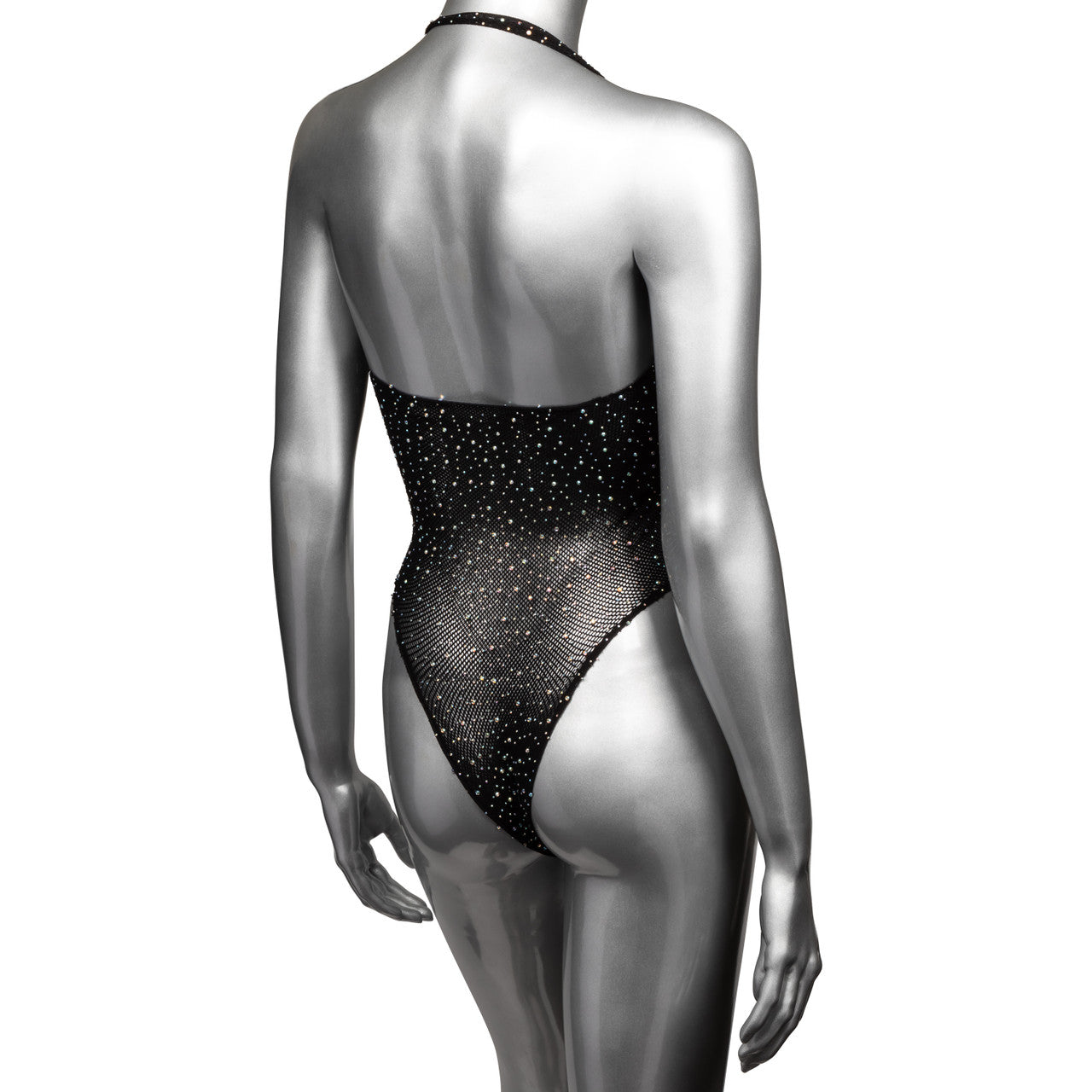 Black mesh bodysuit with rhinestones and a deep V-neck.