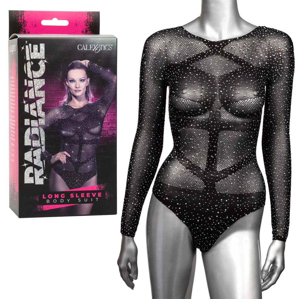 Black long sleeve mesh bodysuit with rhinestones.