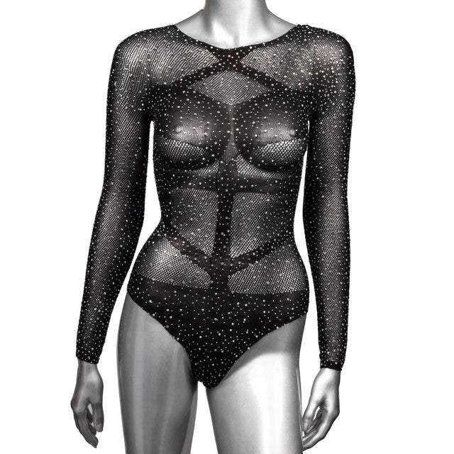 Black rhinestone mesh long sleeve bodysuit with geometric paneling.