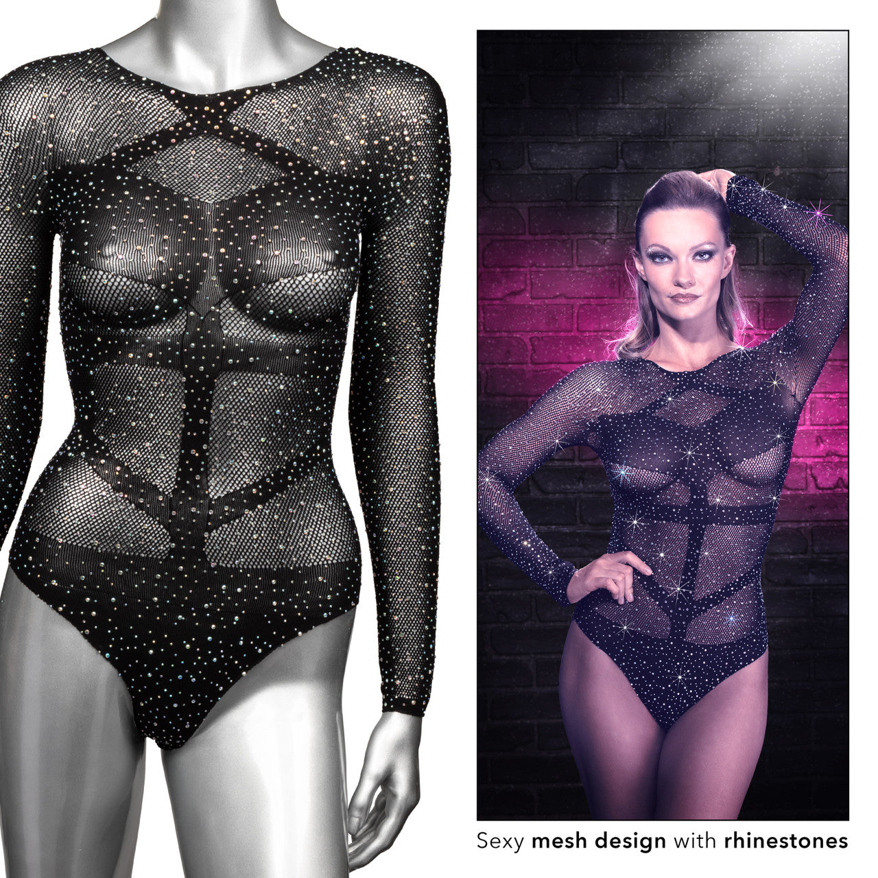 Black mesh long-sleeve bodysuit with rhinestones and a thong cut.