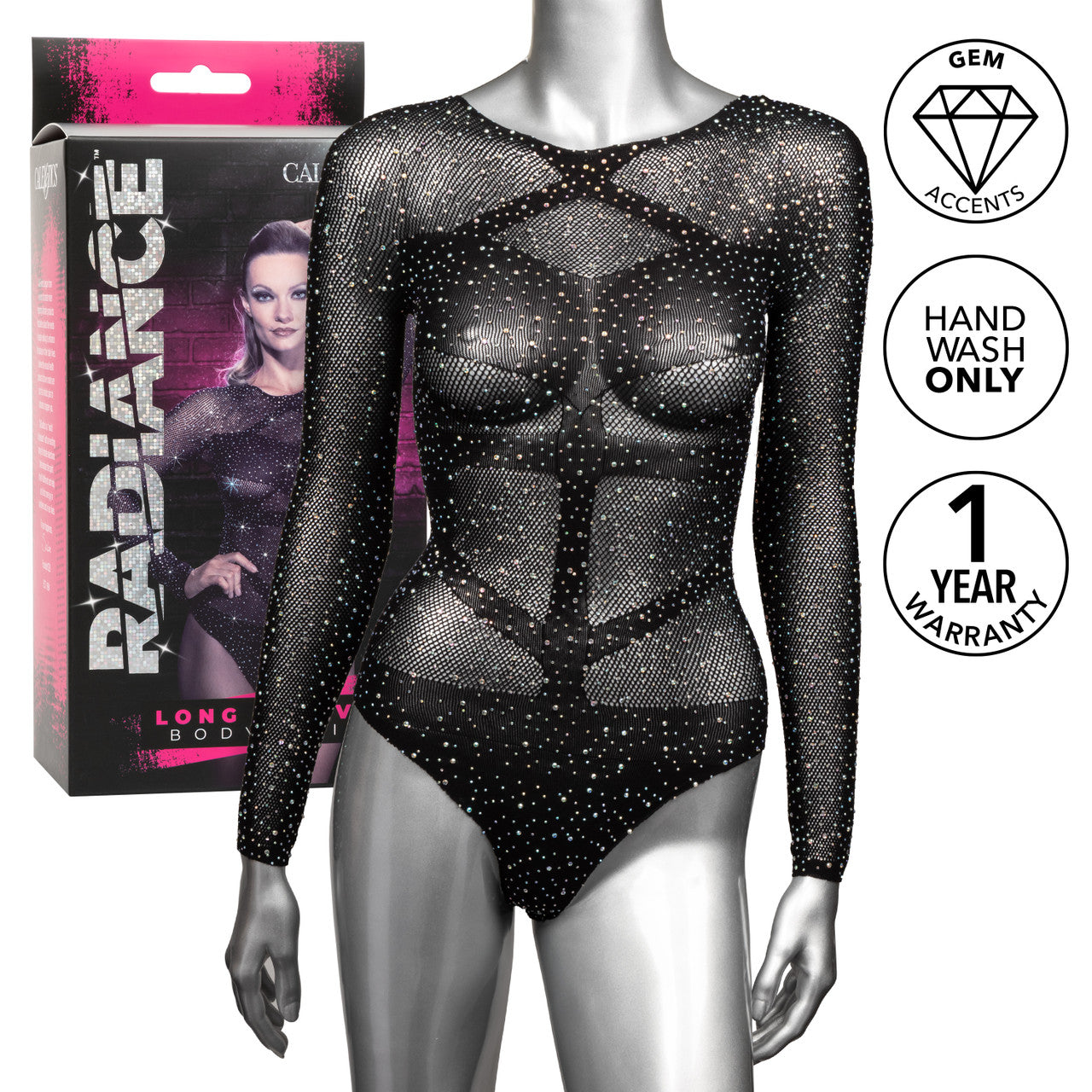 Rhinestone mesh long sleeve bodysuit on a mannequin with care instructions.