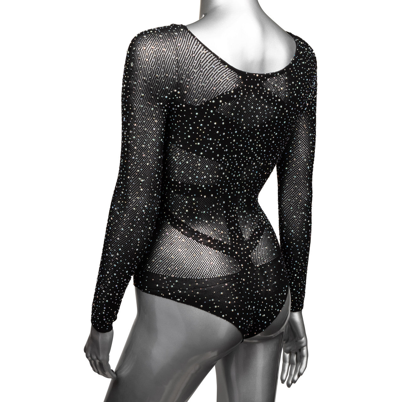 Black mesh long sleeve bodysuit with rhinestones.