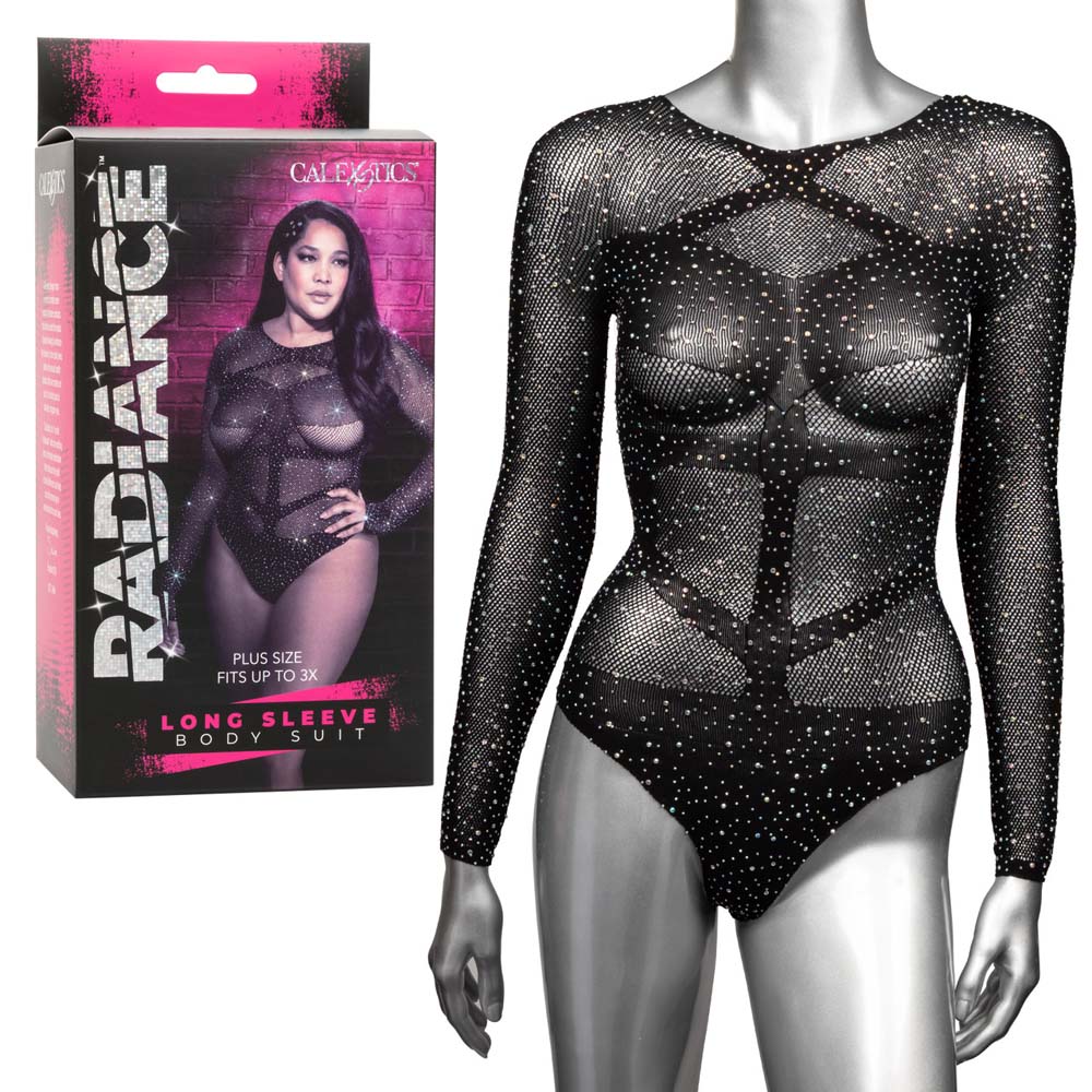Plus size black long sleeve mesh bodysuit with rhinestones.