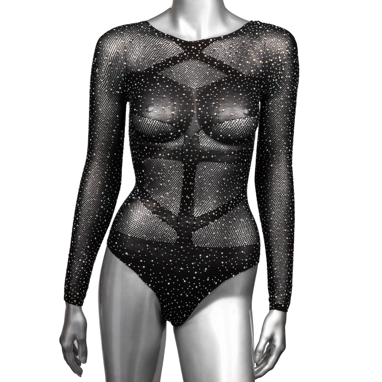 Plus size long sleeve black mesh bodysuit with rhinestones.