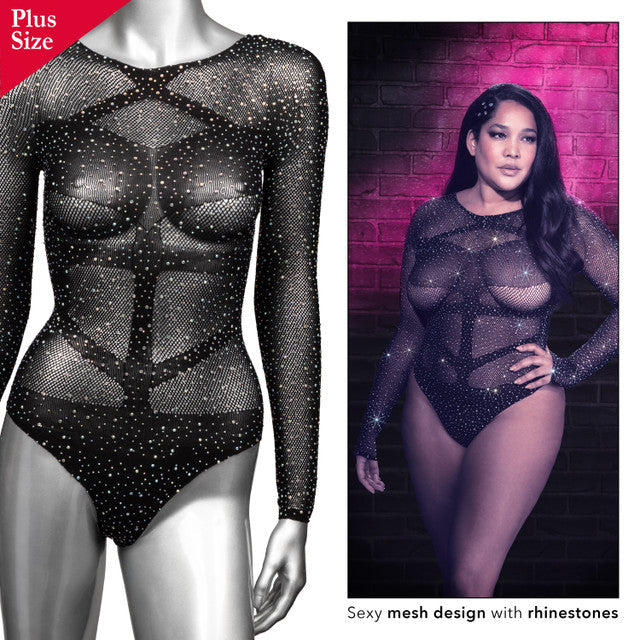Plus size long sleeve black mesh bodysuit with rhinestones.