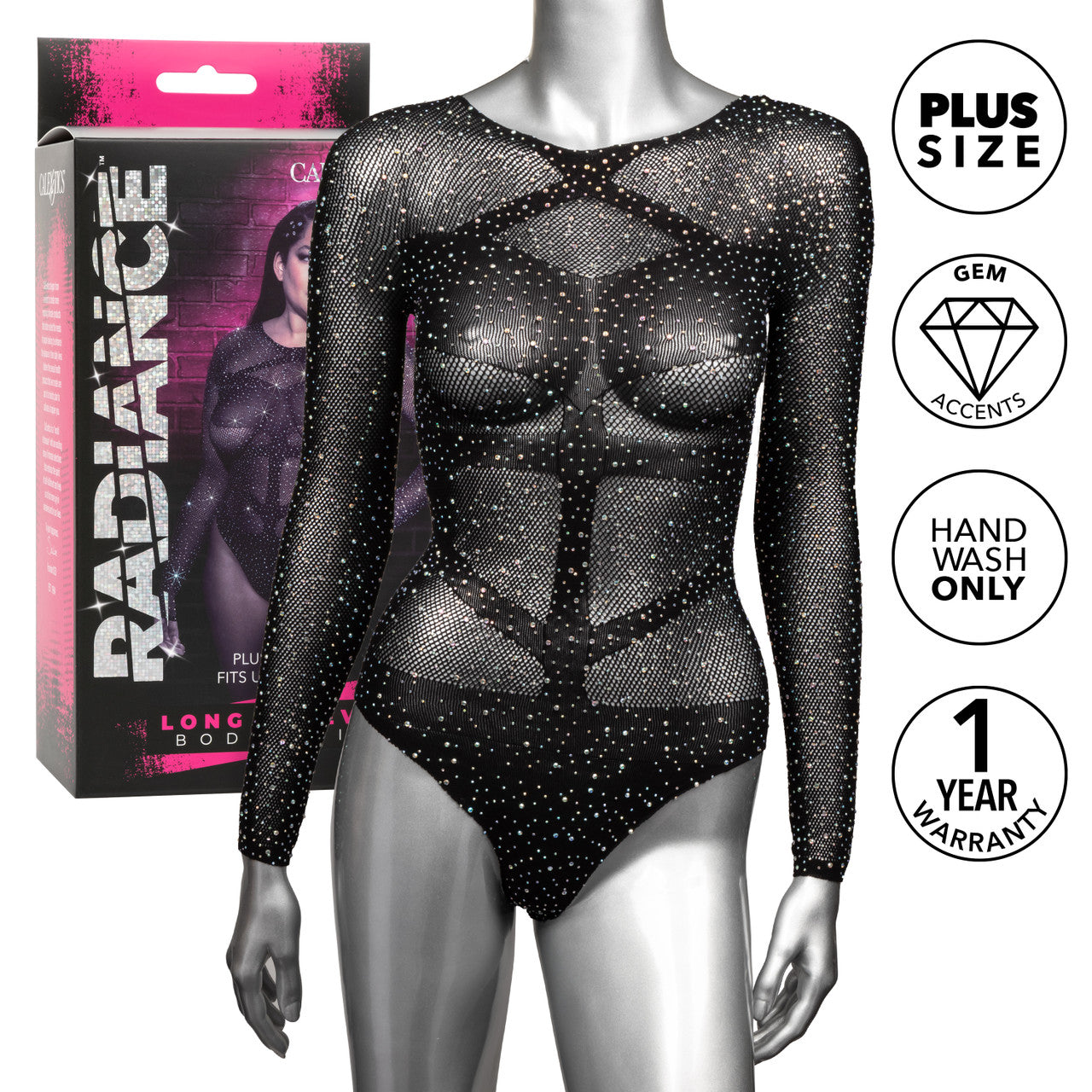 Plus size black long sleeve mesh bodysuit with rhinestone accents.