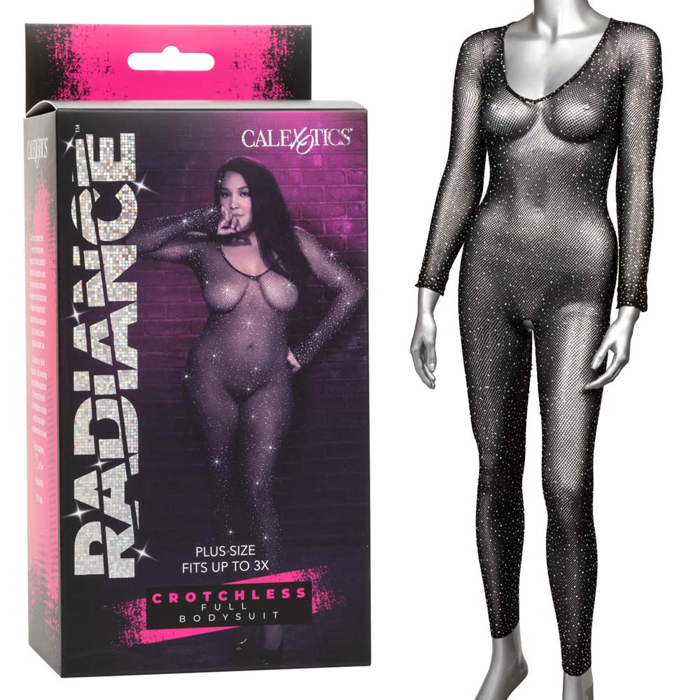 Plus size black rhinestone mesh crotchless bodysuit.