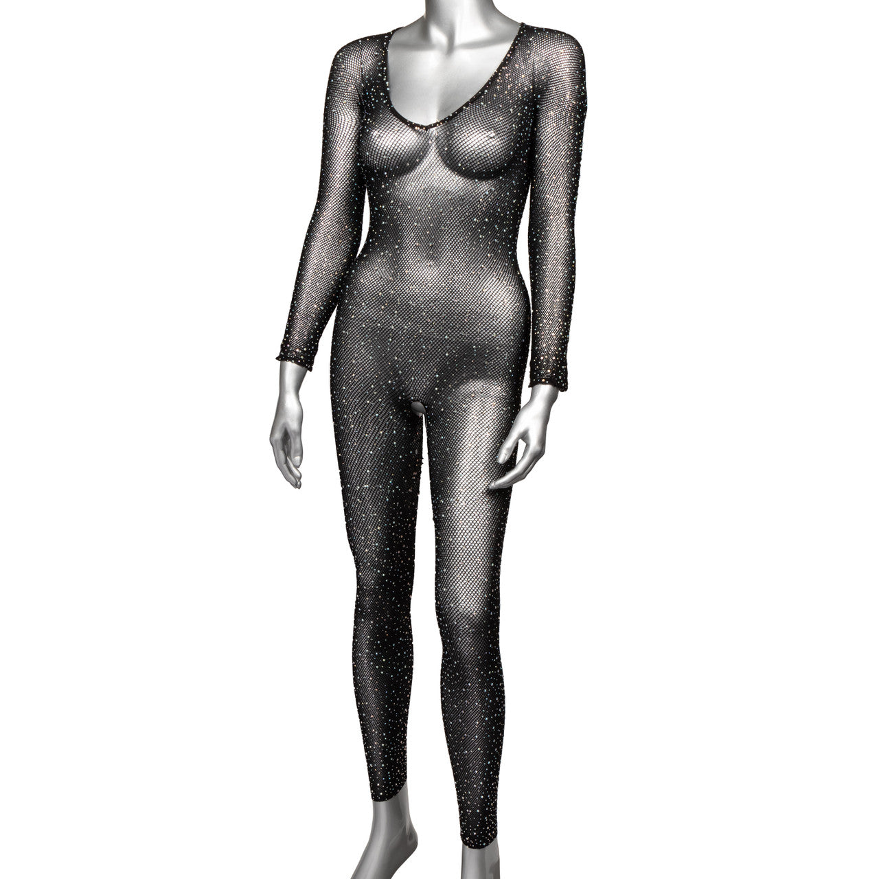 Plus size black mesh bodysuit with rhinestones.