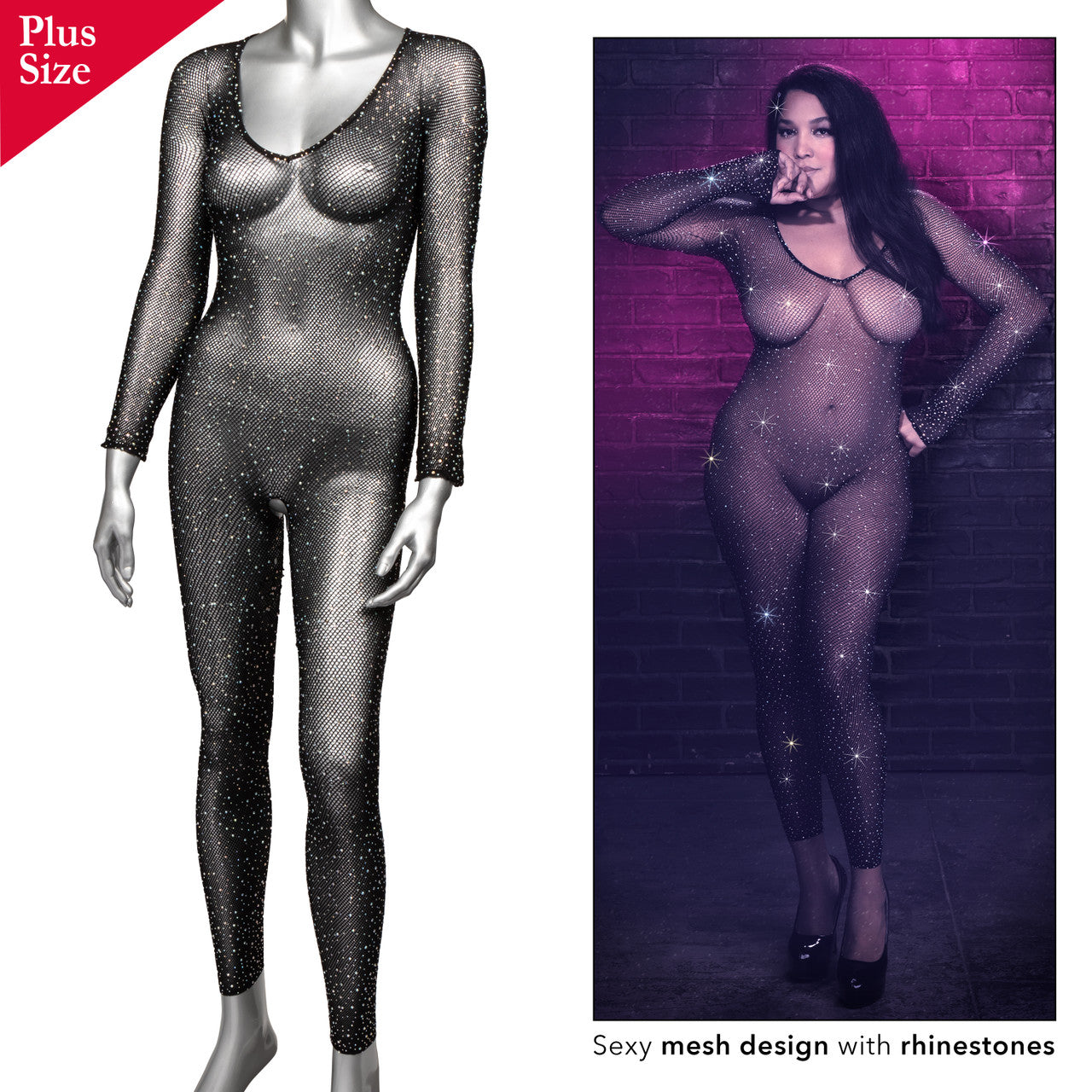 Plus size black mesh bodysuit with rhinestones.