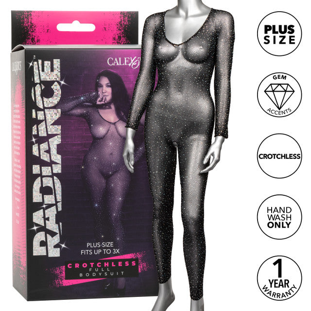 Plus size black rhinestone mesh crotchless bodysuit on a mannequin.
