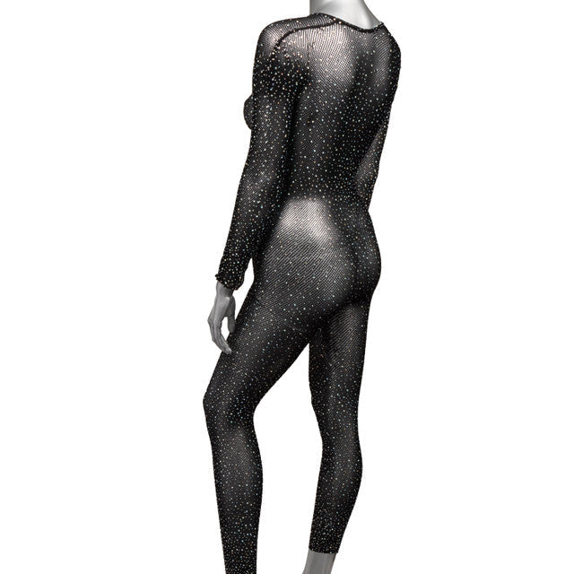 Plus size black mesh bodysuit with rhinestones.