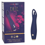A dark blue Calexotics Chic Jasmine clitoral massager with gold accents.