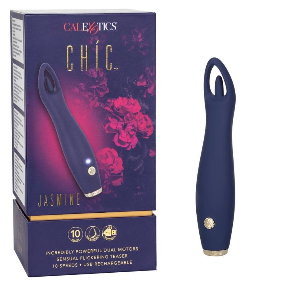A dark blue Calexotics Chic Jasmine clitoral massager with gold accents.