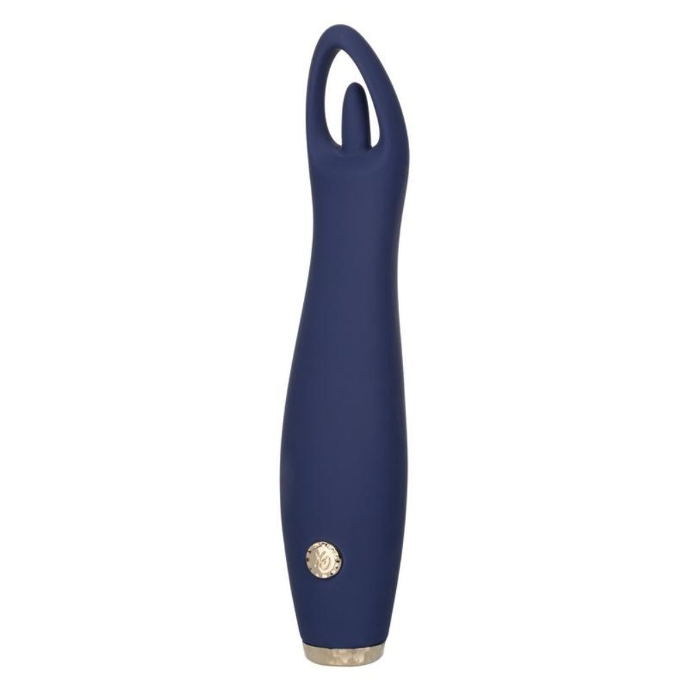A dark blue silicone clitoral massager with a gold accent.