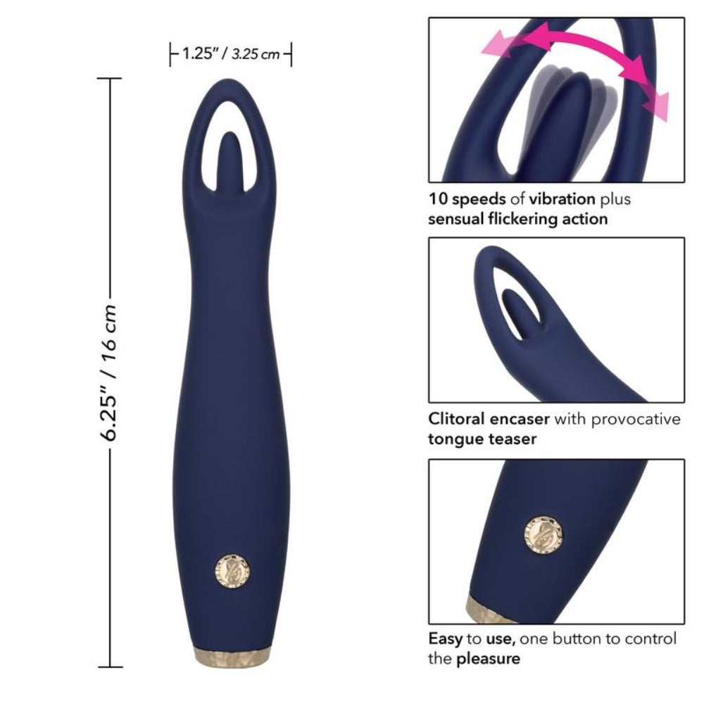 A navy blue clitoral massager with a curved tip and gold accents.