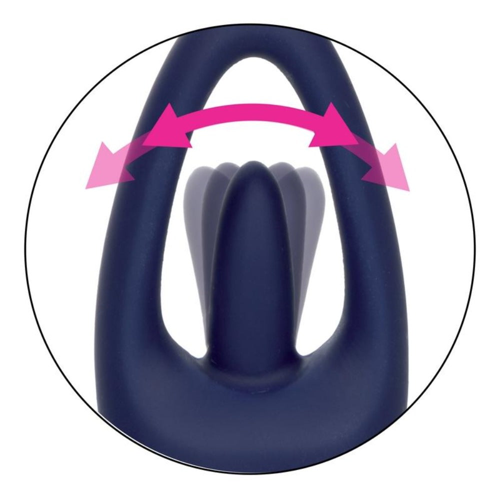 Blue silicone clitoral massager with pink arrows indicating movement.
