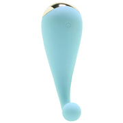 A light blue finger massager with a gold tip and a power button.