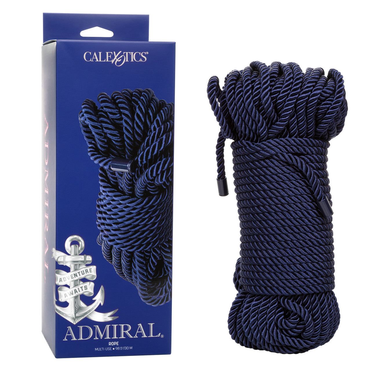A dark blue Calexotics Admiral rope coiled next to its packaging.