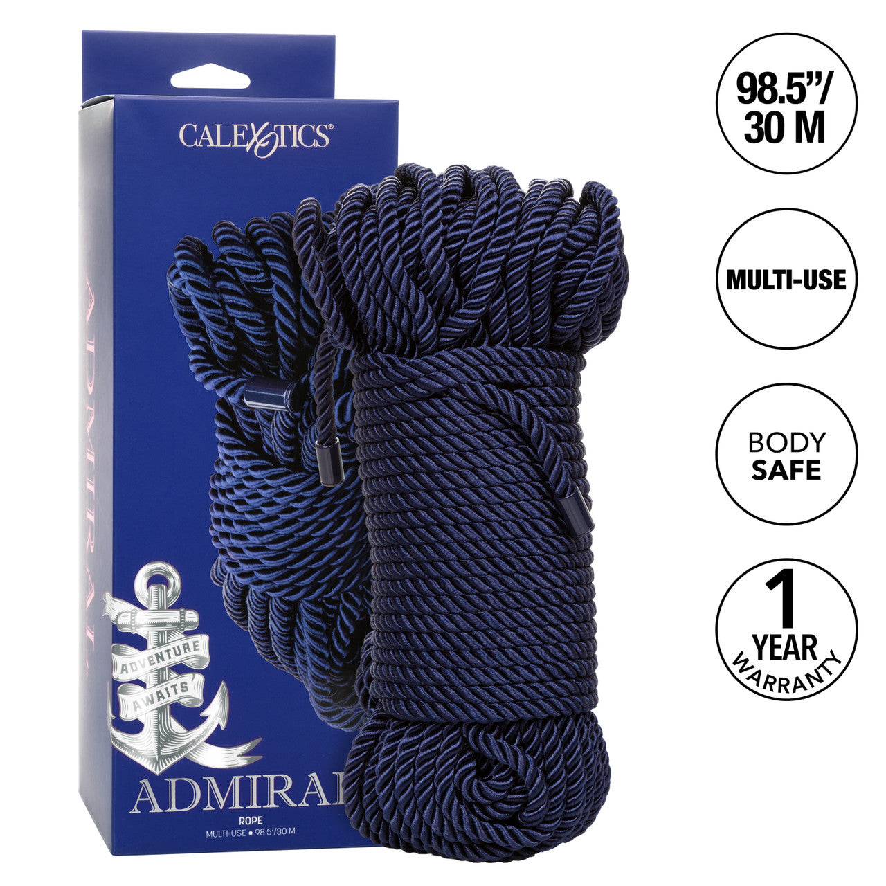 Calexotics Admiral soft cotton bondage rope, 98.5ft, navy blue.