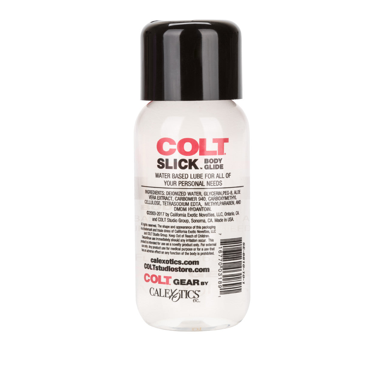 A clear bottle of COLT Slick water-based lubricant with a black cap.