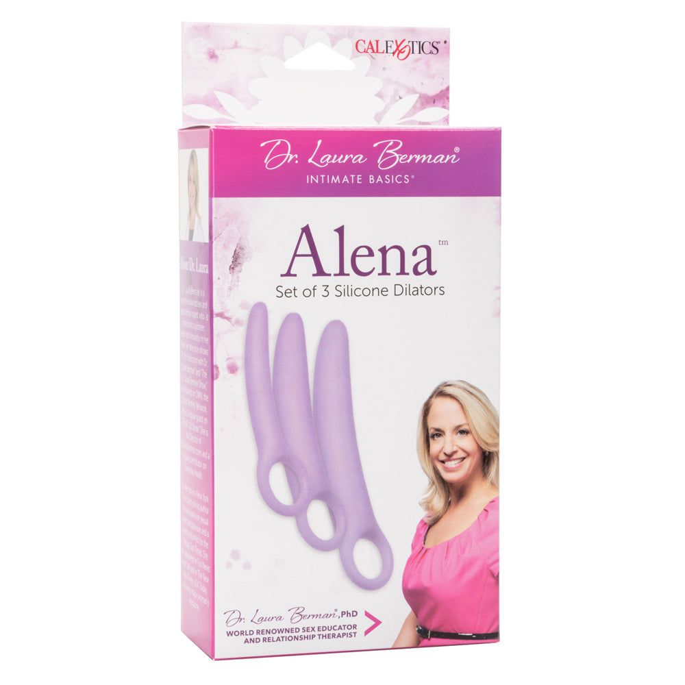 Alena Silicone Vaginal Dilator Set with three purple dilators and Dr. Laura Berman.
