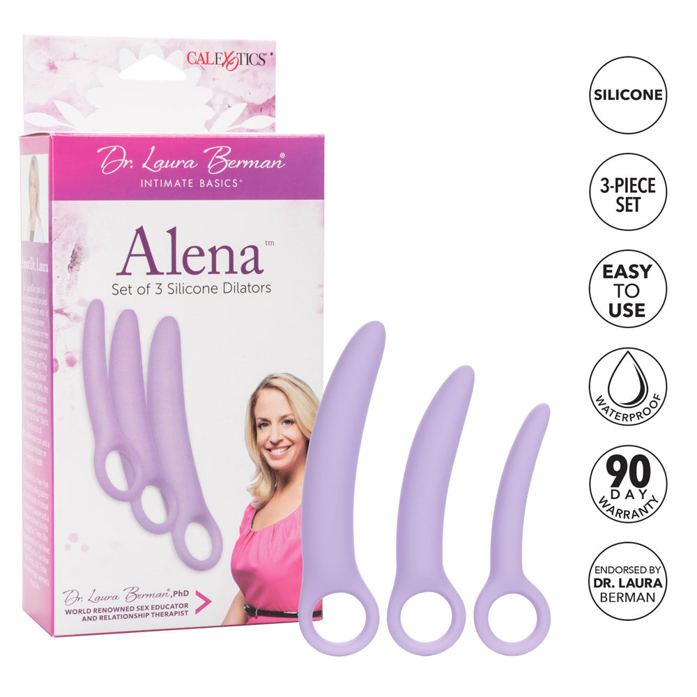 Alena set of 3 silicone dilators in lavender with a woman on the box.